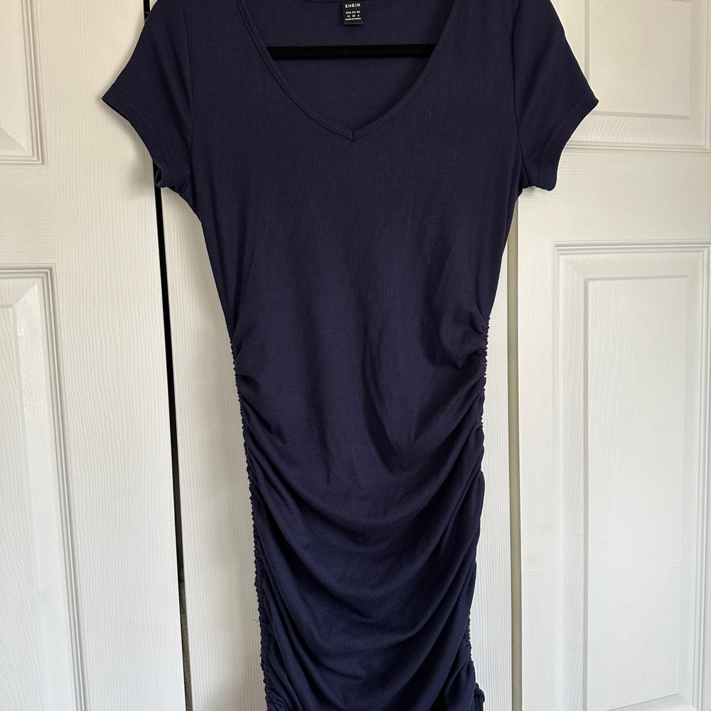 Navy Ruched V-Neck Dress